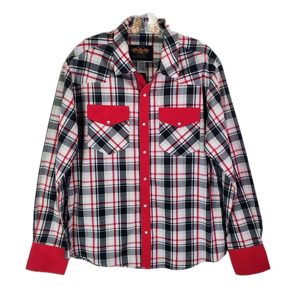El General Pearl Snap Button Up Plaid Long Sleeve Shirt Sz Large Black White Red